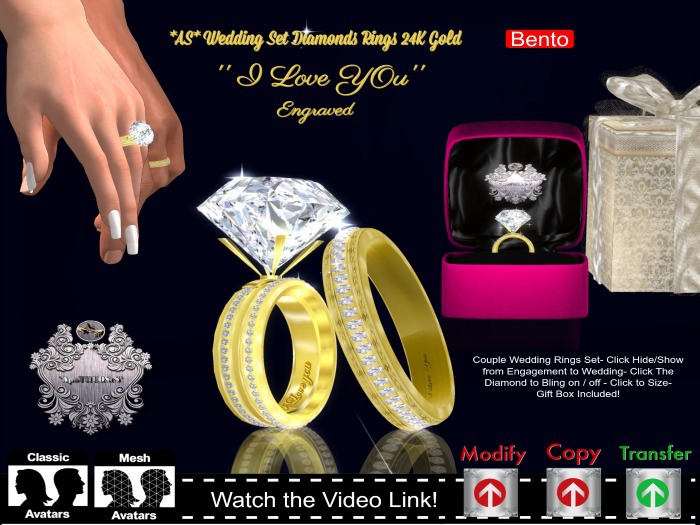 *AS* Couple- *AS* Wedding Set Diamonds Rings 24K  ''I Love You'