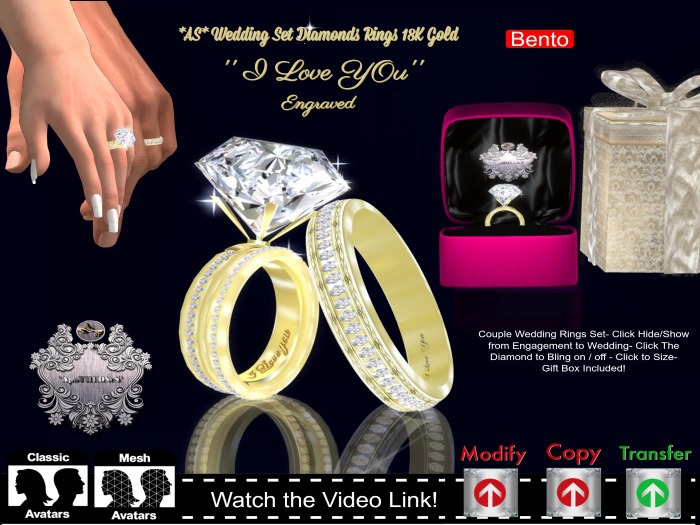 *AS* Couple- *AS* Wedding Set Diamonds Rings 18K  ''I Love You'