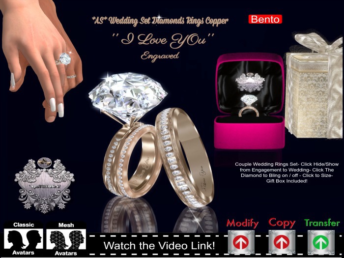 *AS* Couple- *AS* Wedding Set Diamds Rings Copper ''I Love You'