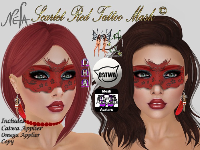 NEFA 4OC Scarlet Red Tattoo Mask Omega/Catwa Hud Boxed