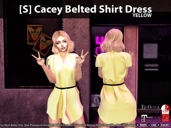 Second Life Marketplace [S] Cacey Belted Shirt Dress Yellow