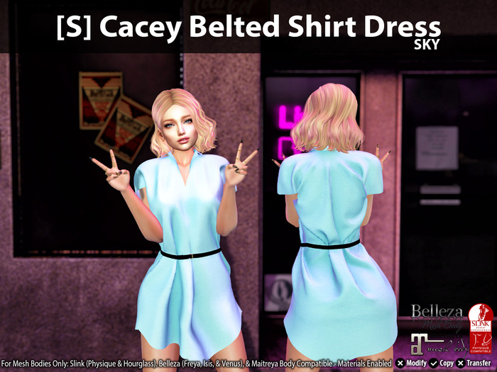 Second Life Marketplace - [S] Cacey Belted Shirt Dress Sky