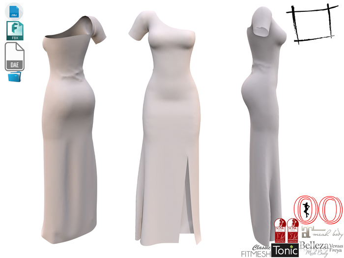Dae Obj FBX One Shoulder Short Sleeve Long Front Slit Dress Belleza, Maitreya, Tonic, Ocacin, Slink