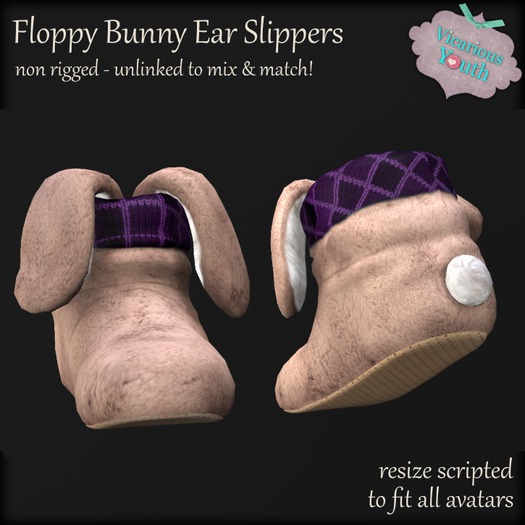 {V*Y} Floppy Bunny Ear Slippers - Tan/Purple