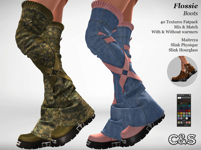 C&S Flossie Boots for Maitreya Lara, Slink (P,H) - 40 Textures. Mix & Match