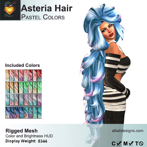 A&A Asteria Hair Pastel Colors, very long curly rigged mesh style
