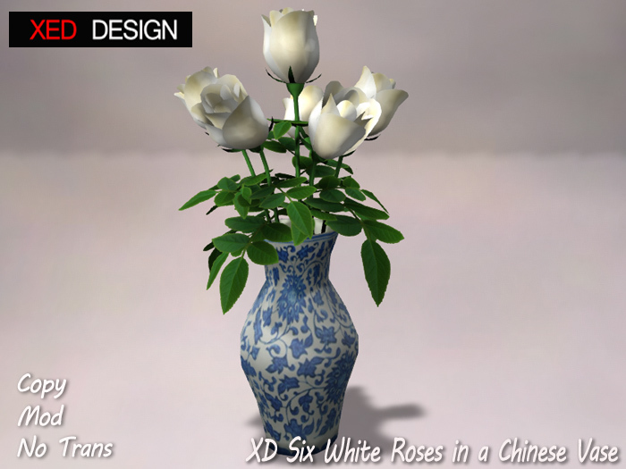 XD Six White Roses in a Chinese Vase