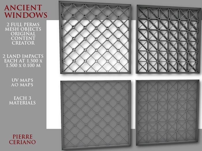 Ancient windows - 2 LI each - 2 FULL PERMS Meshes