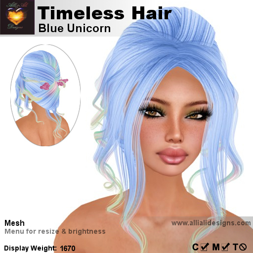 A&A Timeless Hair Blue Unicorn, romantic curly mesh updo, low complexity, promo color