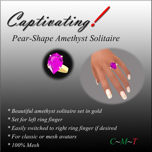 Captivating!  Pear-Shape  Amethyst Solitaire Ring