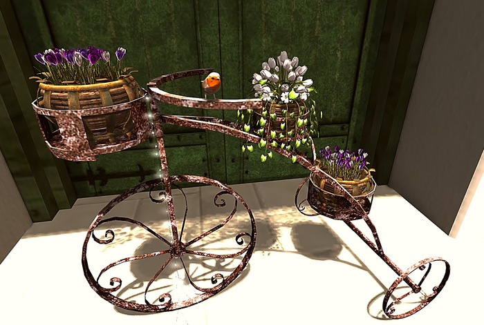 CJ Tricycle Planter with crocus + anim. Bird ~ c + m ~