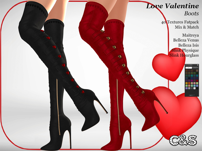 C&S Love Valentine Boots for Maitreya Lara, Slink (P,H), Belleza (V, I) - 40 Textures. Mix & Match