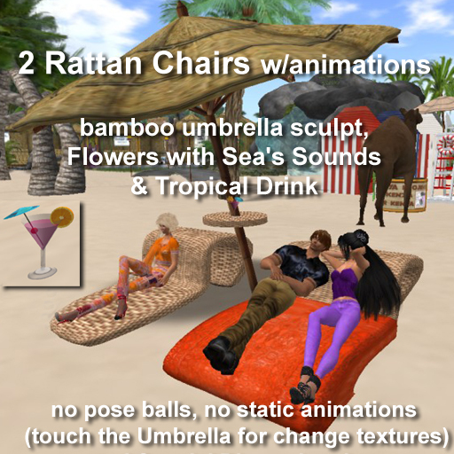 2 Rattan Chairs w/animations Drink, Sound and Umbrella: NEW!