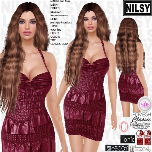 NILSY FRILLY BORDEAUX LEATHER DRESS,ALL BODIES