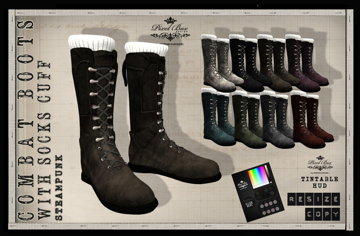 PIXEL BOX - Steampunk Combat Boots with Socks Cuff (box)