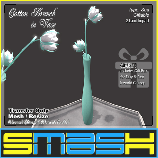 Second Life Marketplace SMASH Cotton Branch in Vase (Sea)