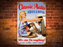 CLASSIC AUTO SERVICE Risqué Garage Themed Pinup Poster | Rusty Metal Style Wall Sign