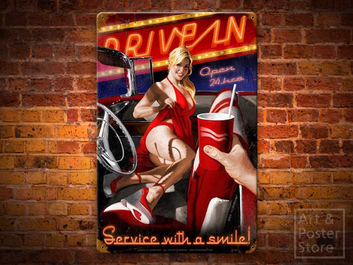 DRIVE IN Risqué Garage Themed Pinup Poster | Rusty Metal Style Wall Sign 