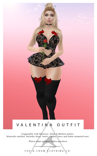 - FOX & CROW - Valentina Outfit - Demo - VALENTINES DAY SPECIAL - Dress Boots Choker Bows Bento Animated Rose