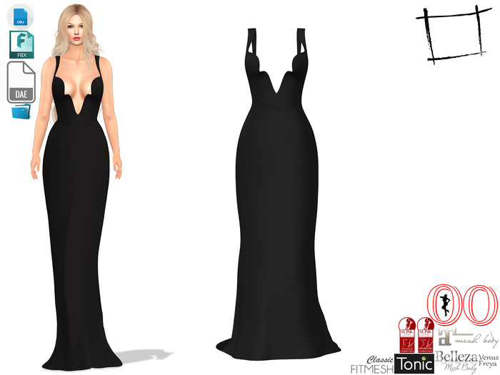Dae Obj FBX Women's Deep Cleavage Backless Long Black Dress Gown Slink, Maitreya, Belleza, Tonic
