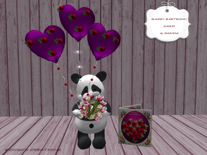 BMC50.. HAPPY BIRTHDAY CARD & PANDA HOLDING HEART BALLOONS WITH ROSES ON. 