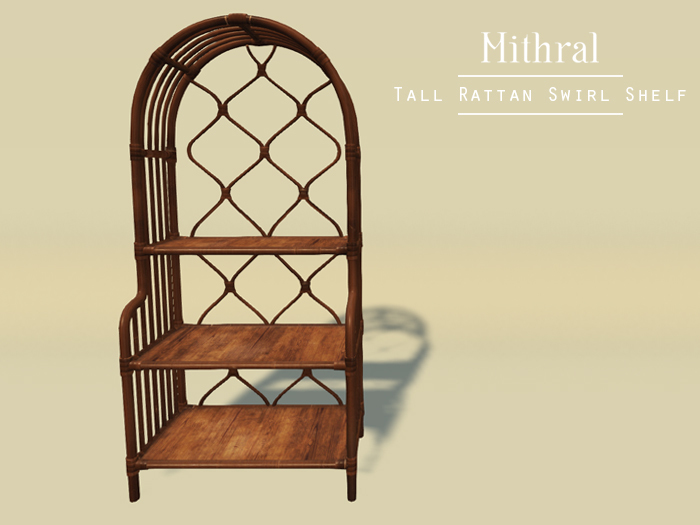 Mithral * Tall Rattan Swirl Shelf (Dark Wood)