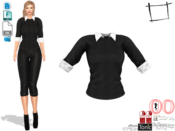 Dae Obj FBX Women's Folded Rolled Sleeves Black Sweater With White Shirt Under Slink, Maitreya, Tonic