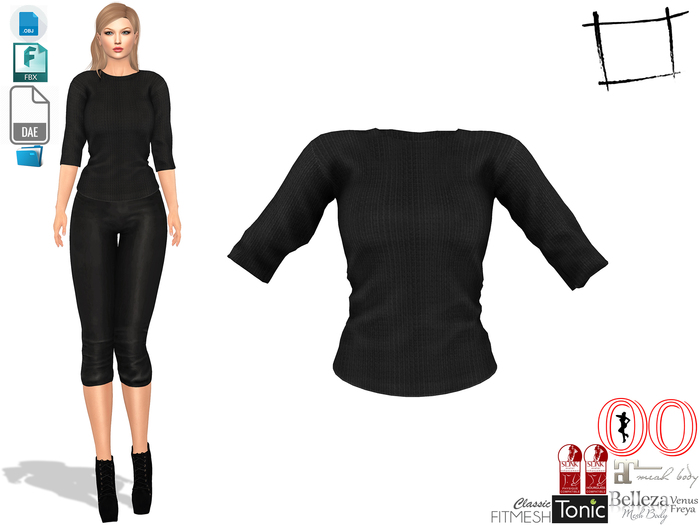 Dae Obj FBX Women's Round Boat Neck Elbow Length Sleeves Black Sweater Top Sweater Slink, Maitreya