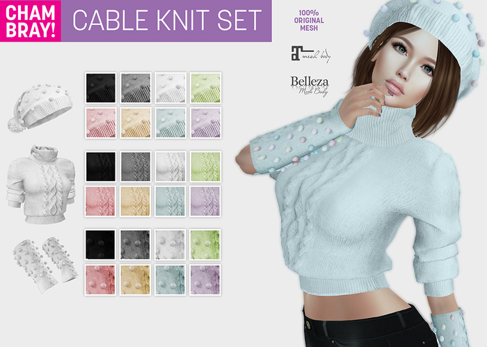 !Chambray Cable Knit Mittens White