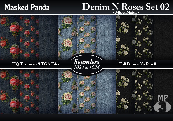 Masked Panda - Denim N Roses 02 Seamless Textures - Full Perm