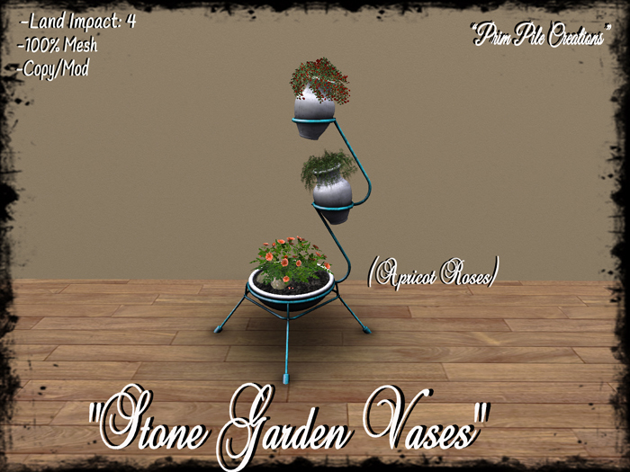 ~PPC~ Stone Garden Vases (ApricotRoses) BOXED