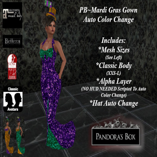PB~Mardi Gras Gown & Hat Auto Change