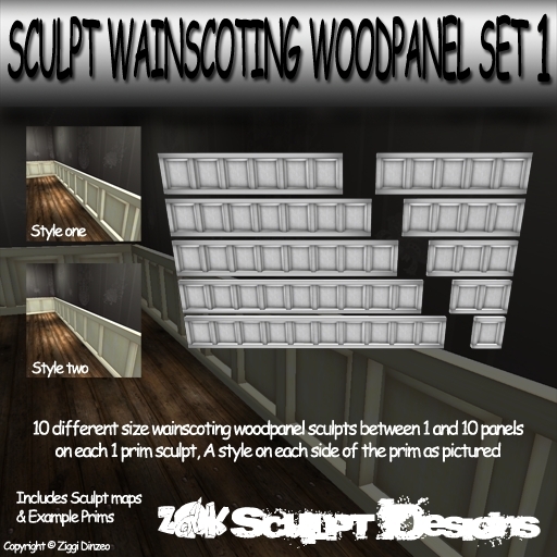 Z@K Sculpted Wainscoting wood panel 1 prim each - Full Perm - Prefab