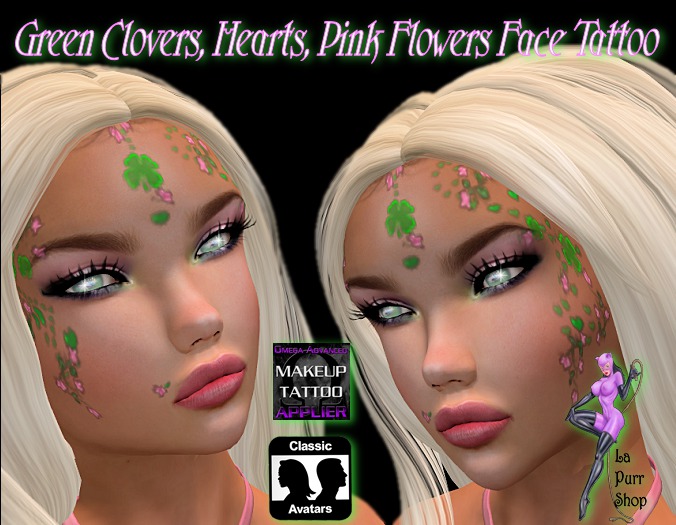 Green Clovers,Hearts & Pink Flowers Face Tattoo