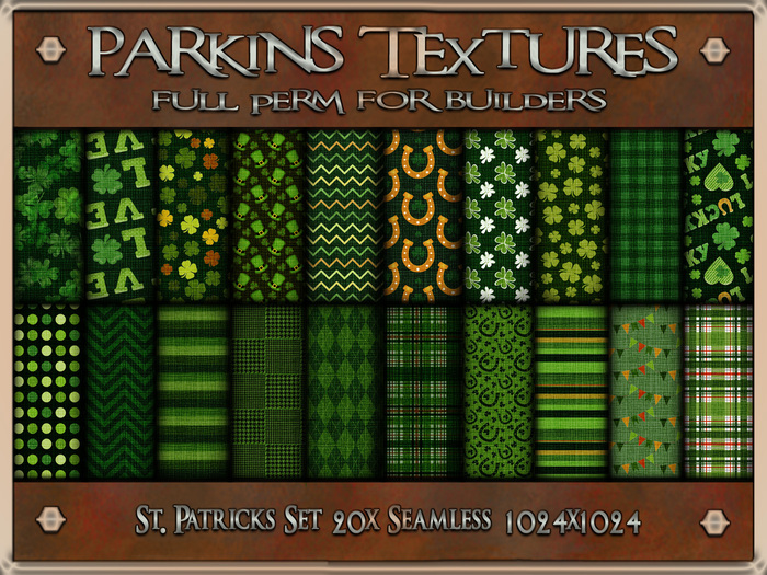 Parkins Textures - St Patricks Set - 20x Full Perm Seamless 1024 - Fabric, Clothing, Cloth, Paddy, Irish, Shamrock