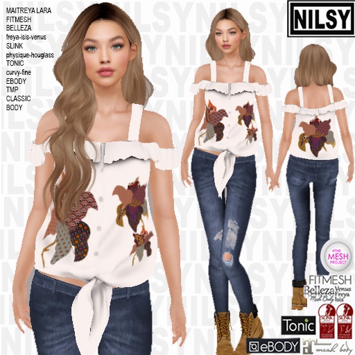 OFFSHOULDER TIED TOP AND JEANS,ALL BODIES