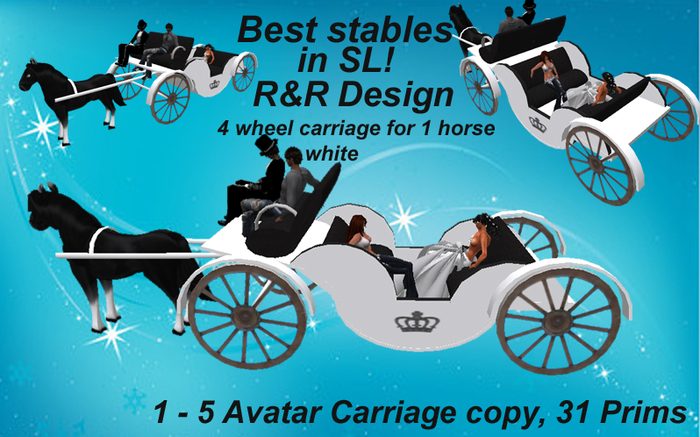 Best Stables in SL!! Driveable Carriage for 1 horse and 1-5 Avatars white, for breedable horses!