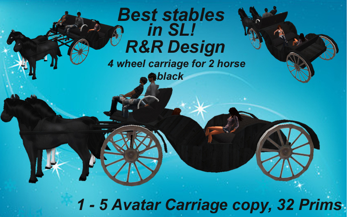 Best Stables in SL!! Driveable Carriage for 2 horse and 1-5 Avatars black, for breedable horses!