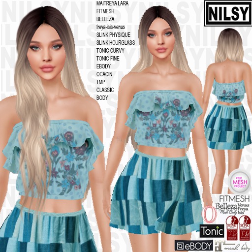 NILSY STRAPLESS RUFFLED TOP AND SKIRT,ALL BODIES