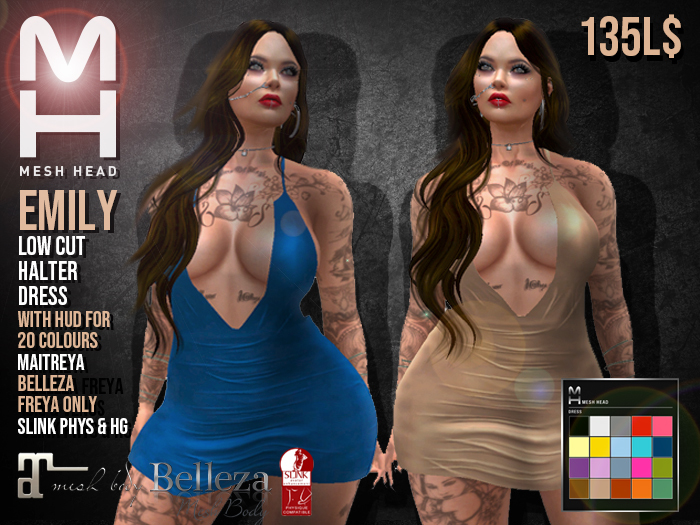 Mesh Head - Emily Low Cut Halter Dress / SLINK / MAITREYA / BELLEZA