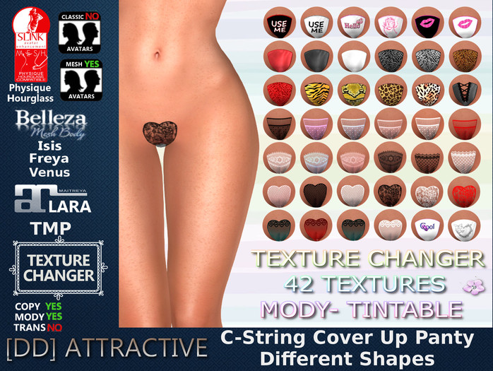 [DD] C-String Cover Up Panty Texture Changer 42 Textures modify Tintable Maitreya Slink Belleza TMP