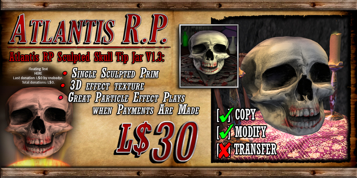 Atlantis RP Sculpted Skull Tip Jar + Particle Effect V1.3 boxed