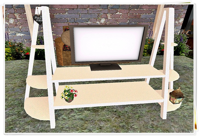 TV Stand Two Side Shelf w/tv & plant, not linked