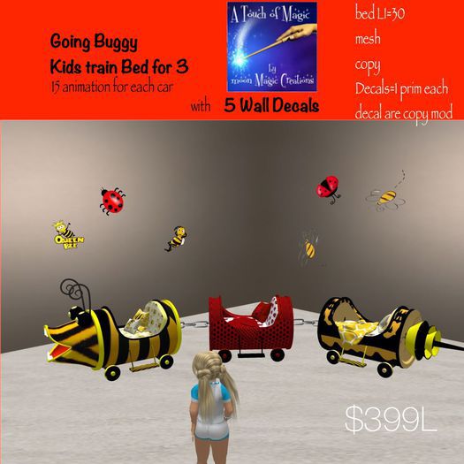 Going Buggy kids train bed w/wall decals -crate