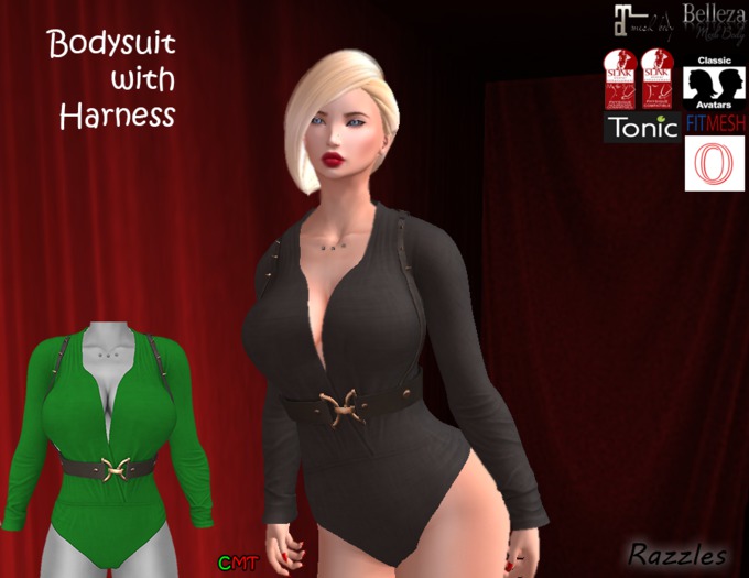 Razzles-Bodysuit With Leather Harness-Green