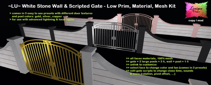 ~LU~ White Stone Wall & Scripted Gate - Low Prim Material Mesh