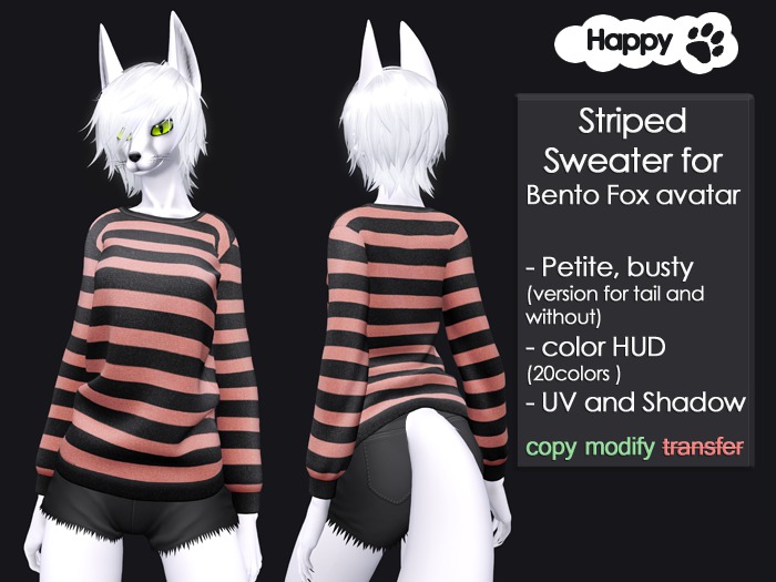 Second Life Marketplace - Happy Paw - Striped Sweater Bento fox avatar