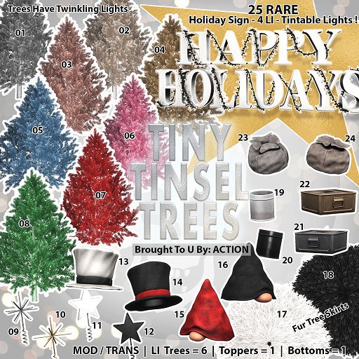 13 Action Tiny Tinsel Trees - Topper Tophat A