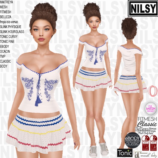 NILSY OFFSHOULDER BROIDERED TOP AND FLARED MINI SKIRT,ALL BODY
