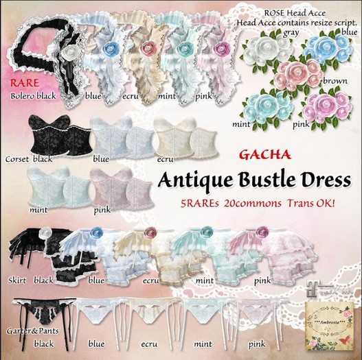 ***Ambrosia***{GACHA}Antique Bustle Dress set black=Bolero RARE+Corset A+B+Skirt+Carter+Pants